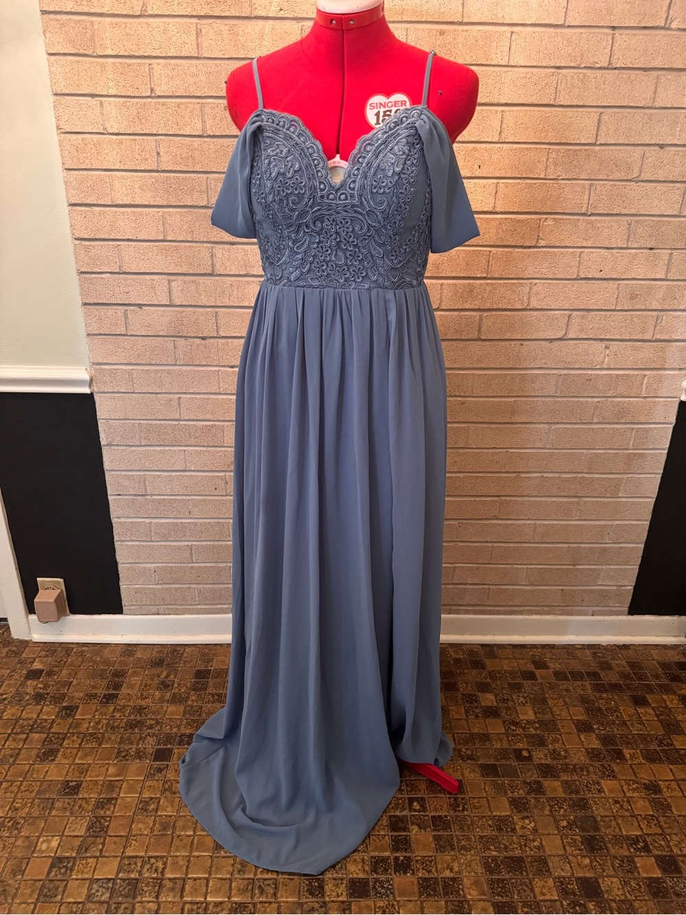 Lulu's Slate Blue Off-Shoulder Lace Bodice Maxi Dress